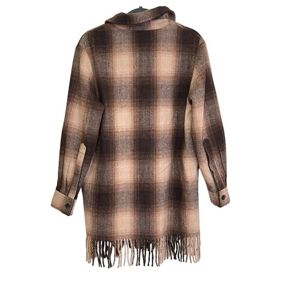 Bagatelle Brown Plaid Fringe Long Shacket Shirt Jacket Sz Small NWT - Picture 2 of 7
